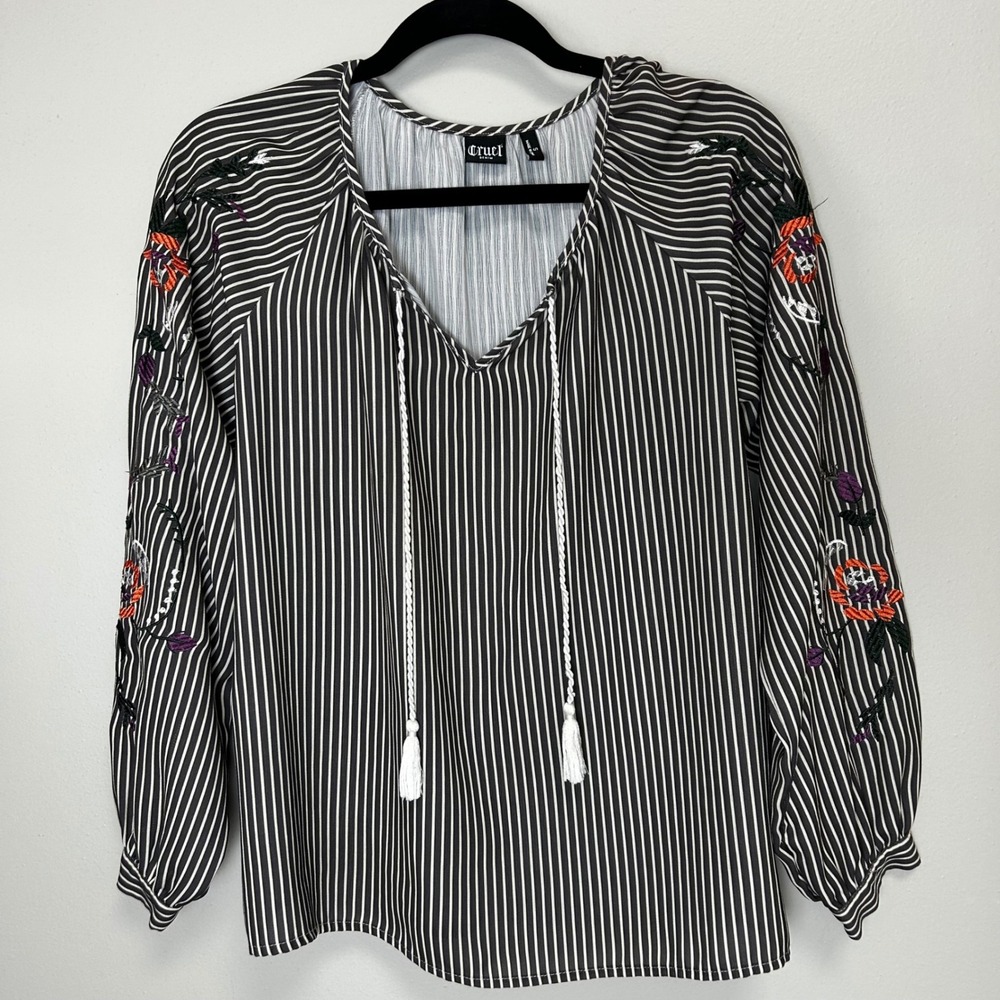 Cruel‎ denim blouse embroidered tassel stripped